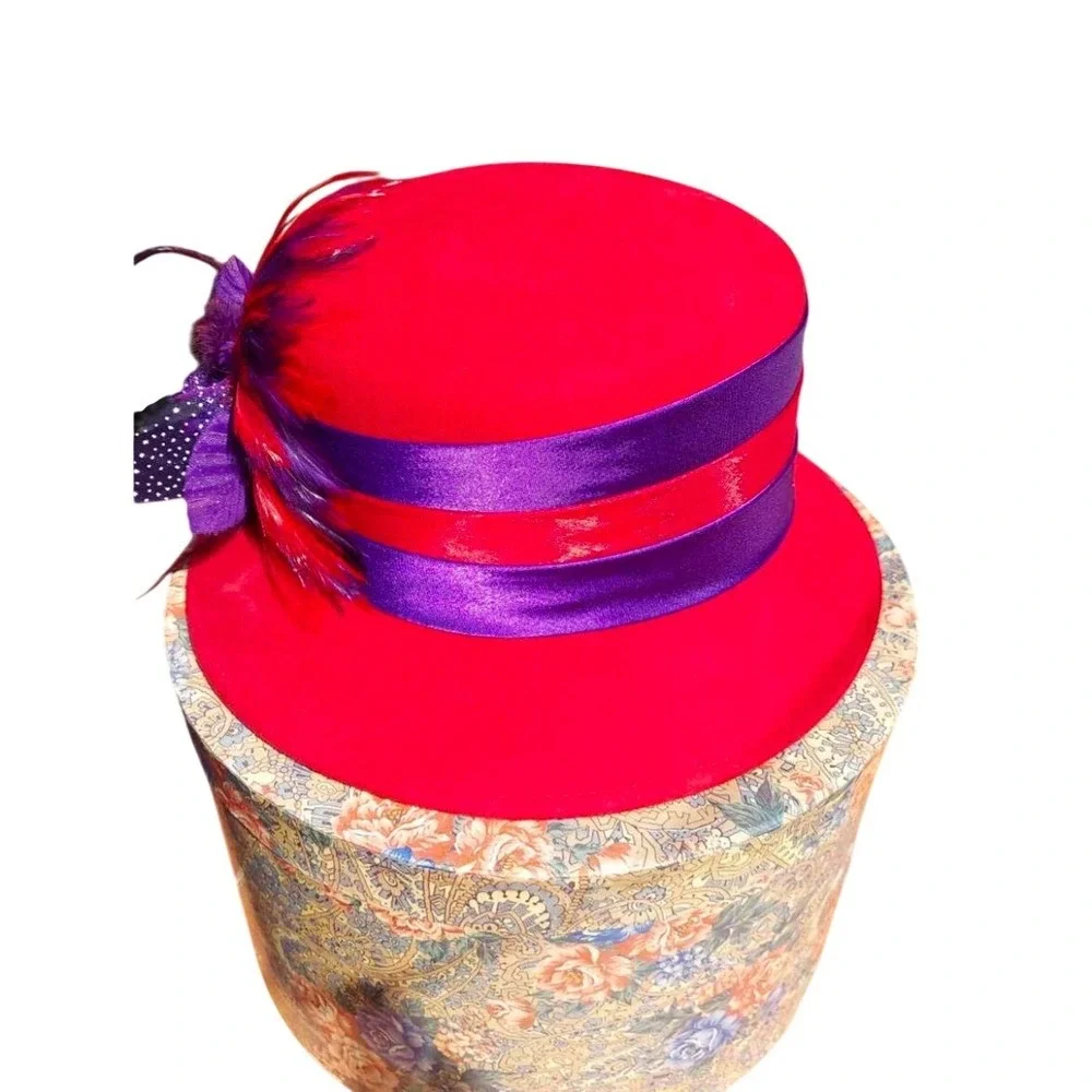 Something Special Red Wool Cloche Hat Purple Feather Flower Red Hat Society